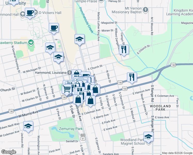 map of restaurants, bars, coffee shops, grocery stores, and more near 206 North Holly Street in Hammond