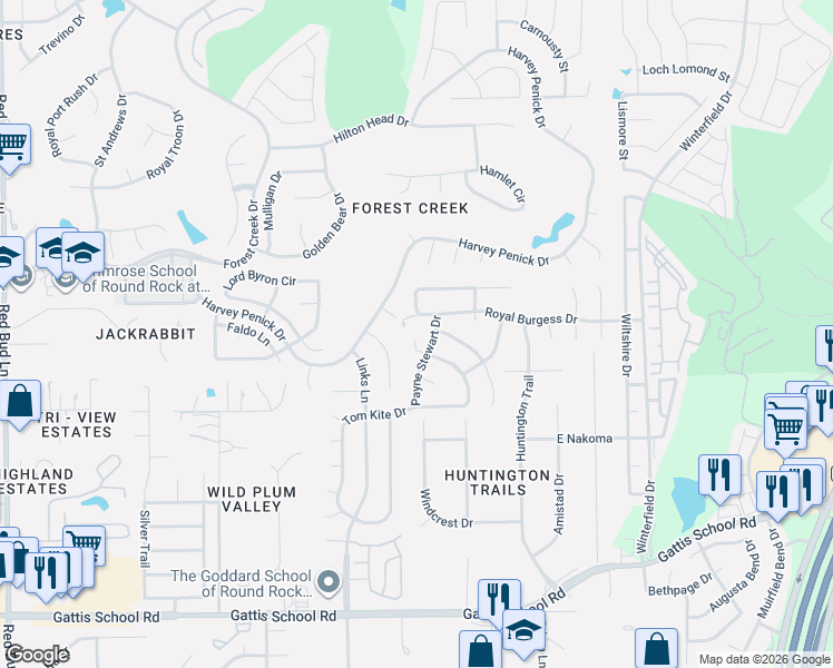 map of restaurants, bars, coffee shops, grocery stores, and more near 903 Royal Burgess Drive in Round Rock
