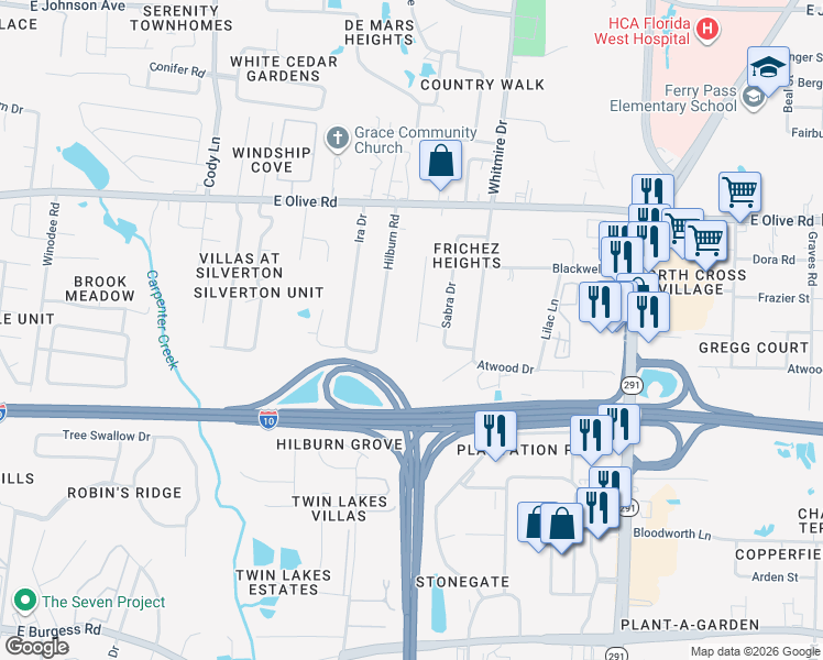 map of restaurants, bars, coffee shops, grocery stores, and more near 7815 Sabra Drive in Pensacola