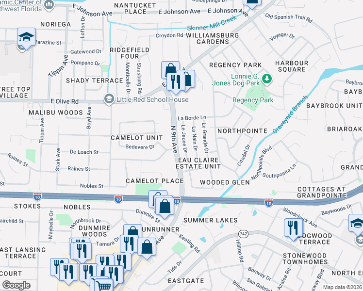 map of restaurants, bars, coffee shops, grocery stores, and more near in Pensacola