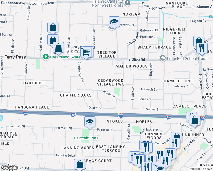map of restaurants, bars, coffee shops, grocery stores, and more near 3140 Cedarwood Village Lane in Pensacola