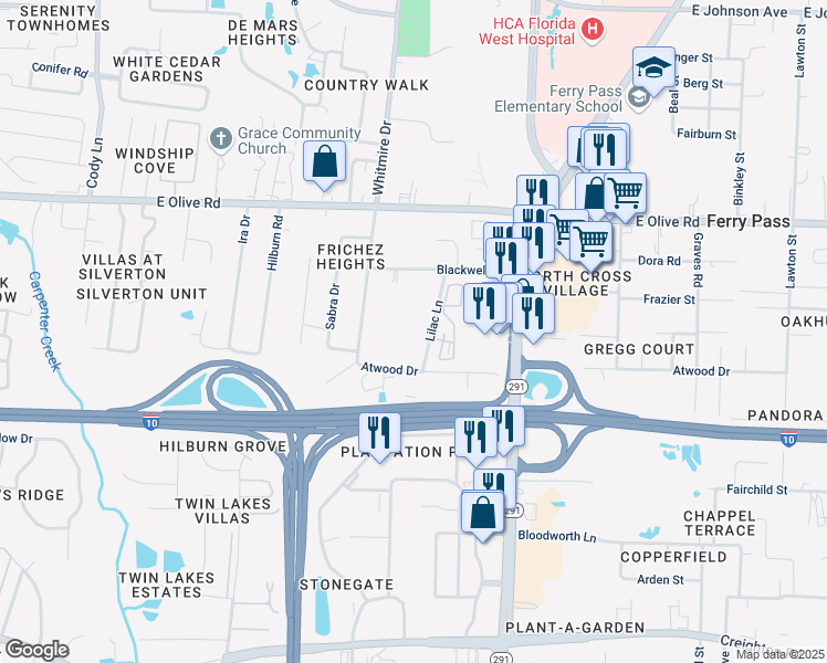 map of restaurants, bars, coffee shops, grocery stores, and more near 7800 Lilac Lane in Pensacola