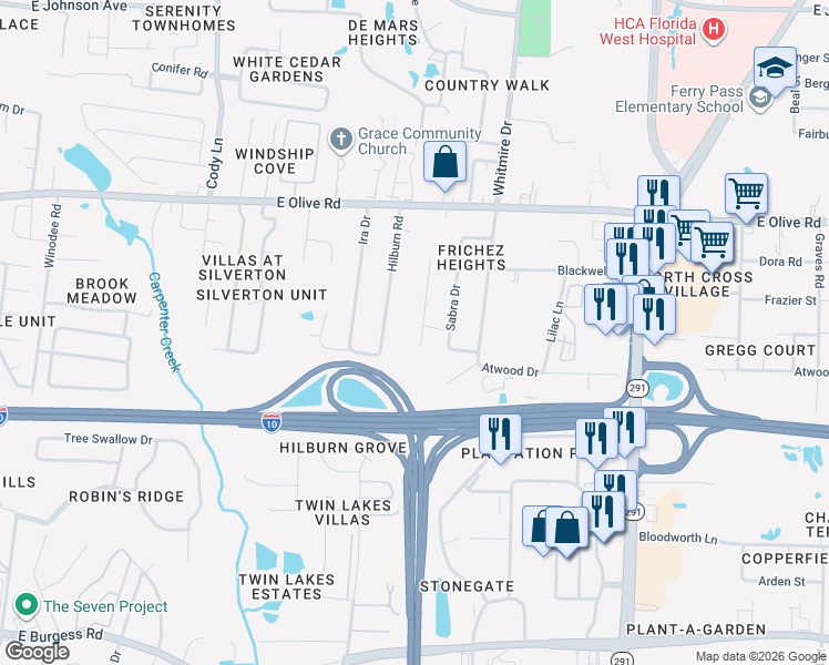 map of restaurants, bars, coffee shops, grocery stores, and more near 7815 Sabra Drive in Pensacola