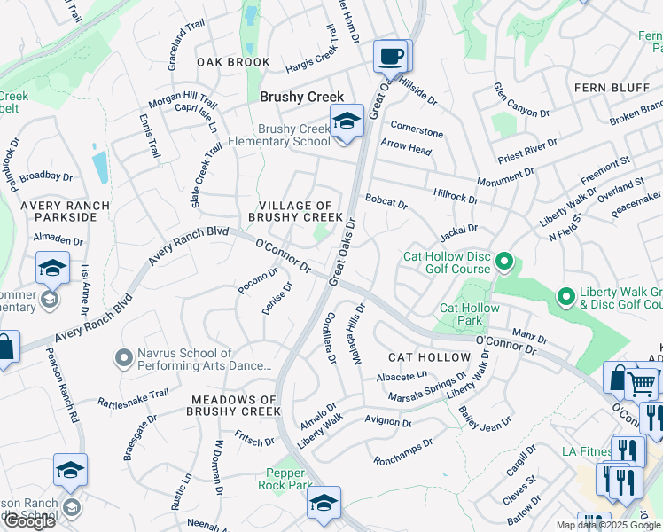 map of restaurants, bars, coffee shops, grocery stores, and more near 16725 Whitebrush Loop in Austin