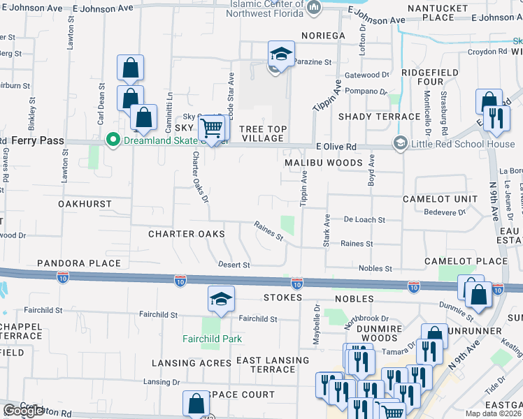 map of restaurants, bars, coffee shops, grocery stores, and more near 3140 Cedarwood Village Lane in Pensacola