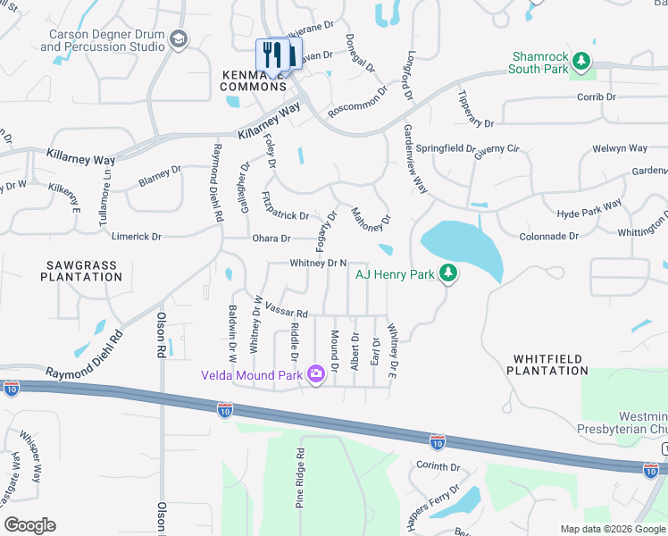 map of restaurants, bars, coffee shops, grocery stores, and more near 2744 Whitney Drive North in Tallahassee