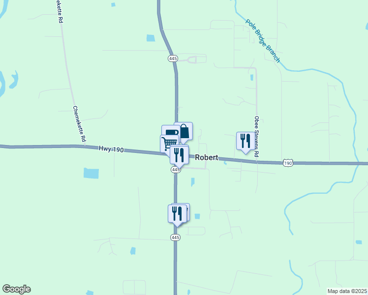 map of restaurants, bars, coffee shops, grocery stores, and more near 45026 Louisiana 445 in Robert