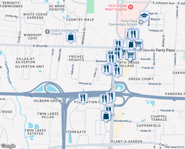 map of restaurants, bars, coffee shops, grocery stores, and more near 7841 Lilac Lane in Pensacola