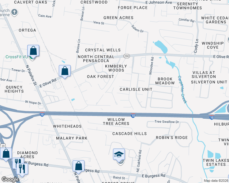 map of restaurants, bars, coffee shops, grocery stores, and more near 7843 Coronet Way in Pensacola