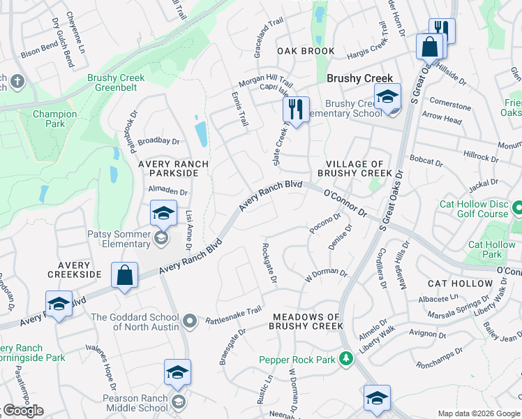 map of restaurants, bars, coffee shops, grocery stores, and more near 16608 Fowler Mill Cove in Austin