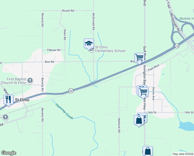 map of restaurants, bars, coffee shops, grocery stores, and more near 8740 McDonald Road in Irvington