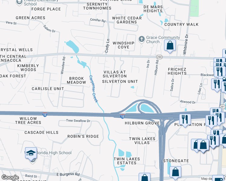 map of restaurants, bars, coffee shops, grocery stores, and more near 7886 Stonebrook Drive in Pensacola