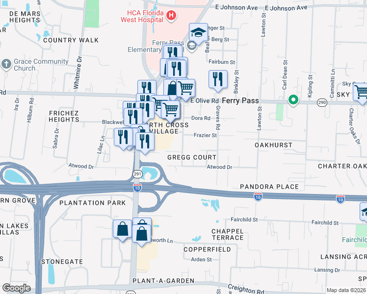 map of restaurants, bars, coffee shops, grocery stores, and more near 7840 Gregg Road in Pensacola
