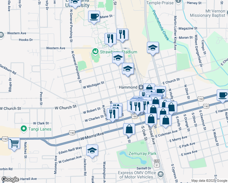 map of restaurants, bars, coffee shops, grocery stores, and more near 500 North Spruce Street in Hammond