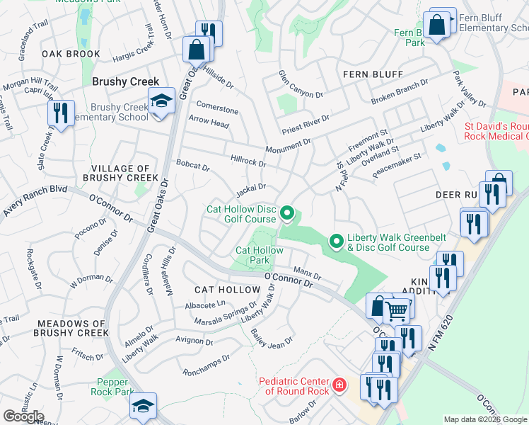 map of restaurants, bars, coffee shops, grocery stores, and more near 16914 Sabertooth Drive in Round Rock