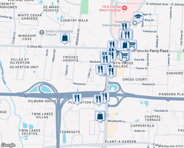 map of restaurants, bars, coffee shops, grocery stores, and more near 7835 North Davis Highway in Pensacola