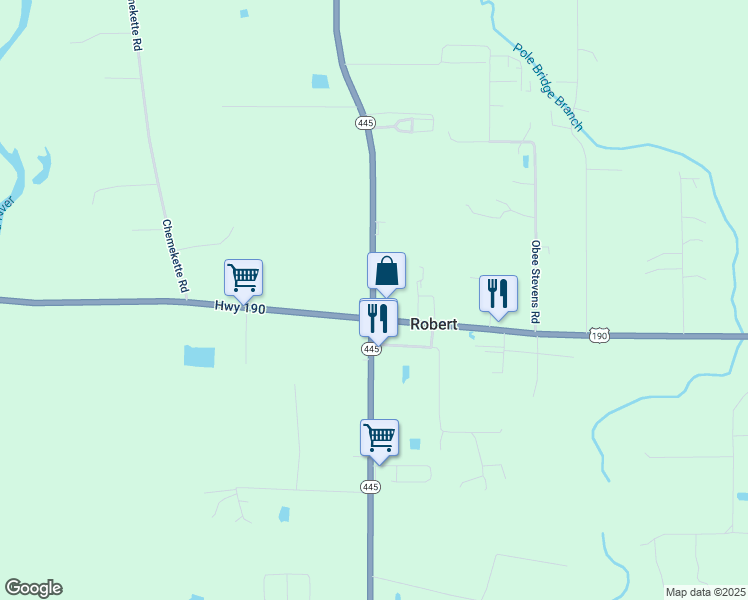 map of restaurants, bars, coffee shops, grocery stores, and more near 45026 Louisiana 445 in Robert
