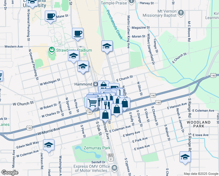 map of restaurants, bars, coffee shops, grocery stores, and more near 310 North Cypress Street in Hammond
