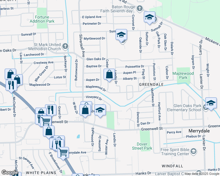 map of restaurants, bars, coffee shops, grocery stores, and more near 6115 Cedar Grove Drive in Baton Rouge