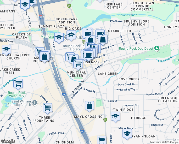 map of restaurants, bars, coffee shops, grocery stores, and more near 103 West Bagdad Avenue in Round Rock