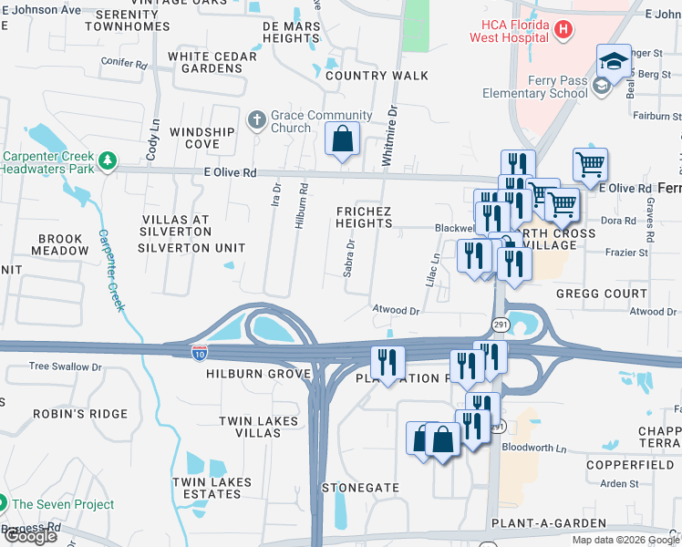 map of restaurants, bars, coffee shops, grocery stores, and more near 7815 Sabra Drive in Pensacola