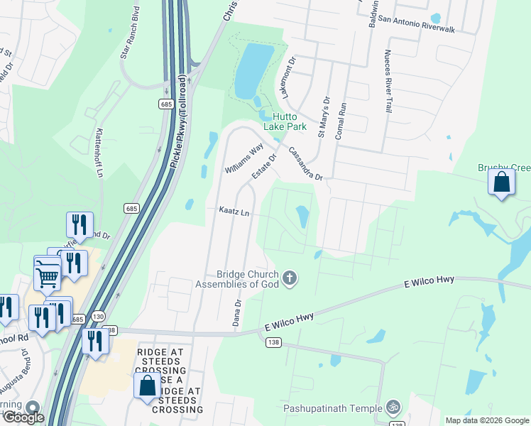 map of restaurants, bars, coffee shops, grocery stores, and more near 302 Dana Drive in Hutto