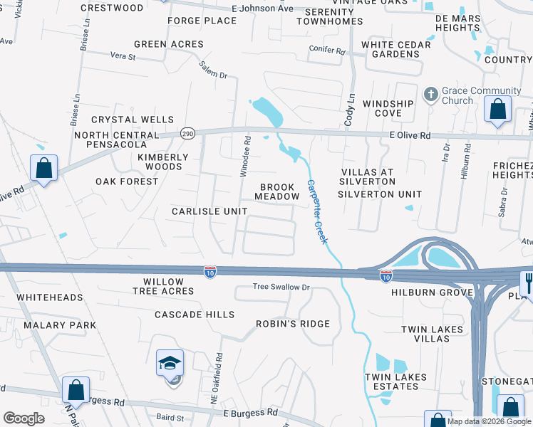 map of restaurants, bars, coffee shops, grocery stores, and more near 7953 Nalo Creek Loop in Pensacola