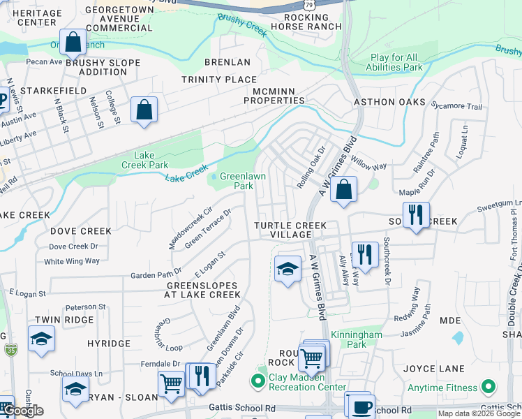 map of restaurants, bars, coffee shops, grocery stores, and more near 1404 Rices Crossing Lane in Round Rock