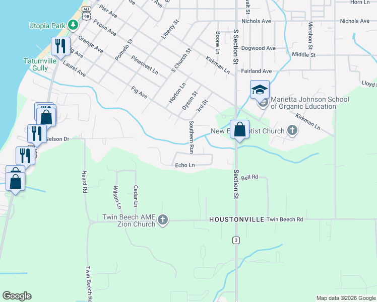 map of restaurants, bars, coffee shops, grocery stores, and more near 566 Southern Run in Fairhope