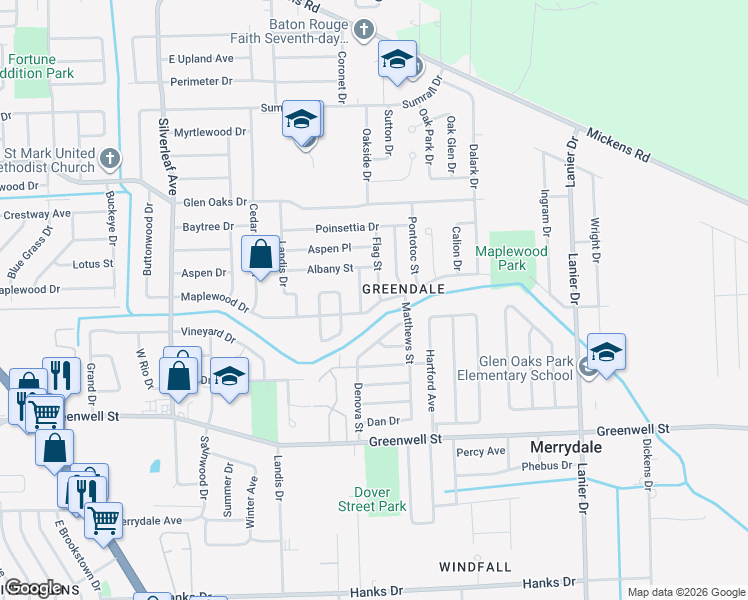 map of restaurants, bars, coffee shops, grocery stores, and more near 7475 Maplewood Drive in Baton Rouge