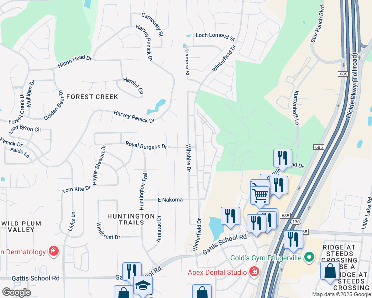 map of restaurants, bars, coffee shops, grocery stores, and more near 557 Wiltshire Drive in Hutto