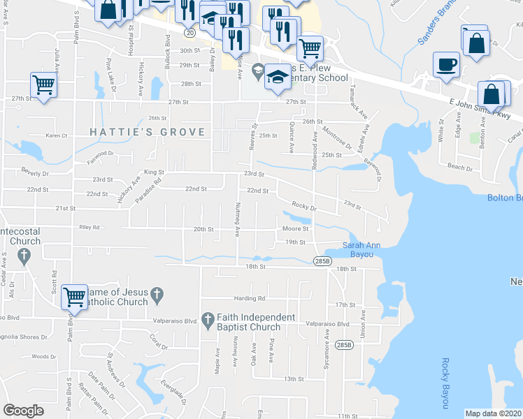 map of restaurants, bars, coffee shops, grocery stores, and more near 508 Oak Avenue in Niceville