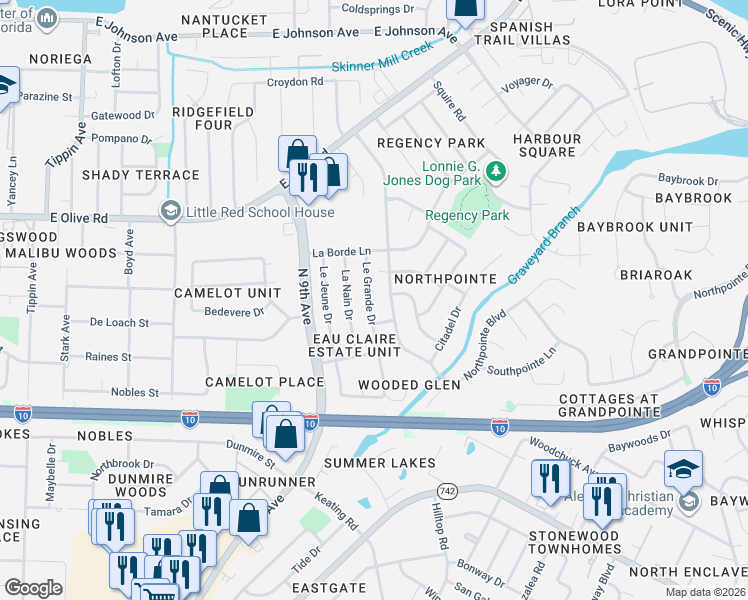 map of restaurants, bars, coffee shops, grocery stores, and more near 7880 Le Grande Drive in Pensacola