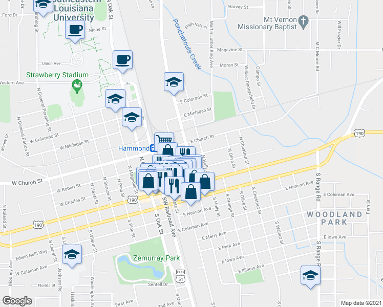 map of restaurants, bars, coffee shops, grocery stores, and more near 306 North Cherry Street in Hammond
