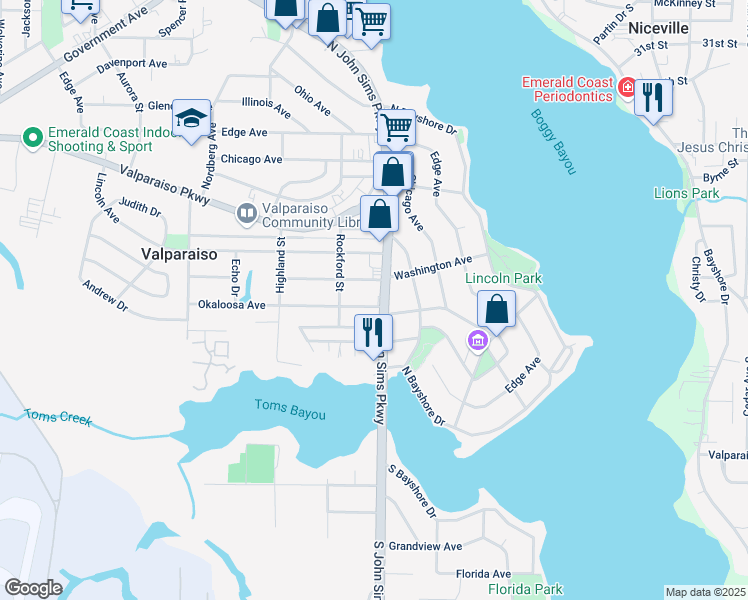 map of restaurants, bars, coffee shops, grocery stores, and more near 159 South John Sims Parkway in Valparaiso