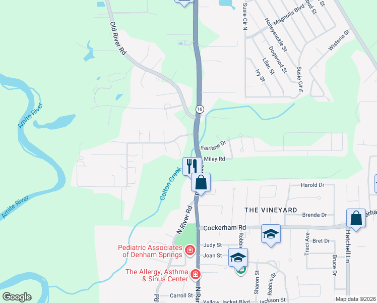 map of restaurants, bars, coffee shops, grocery stores, and more near 7978 Pine Bluff Road in Denham Springs