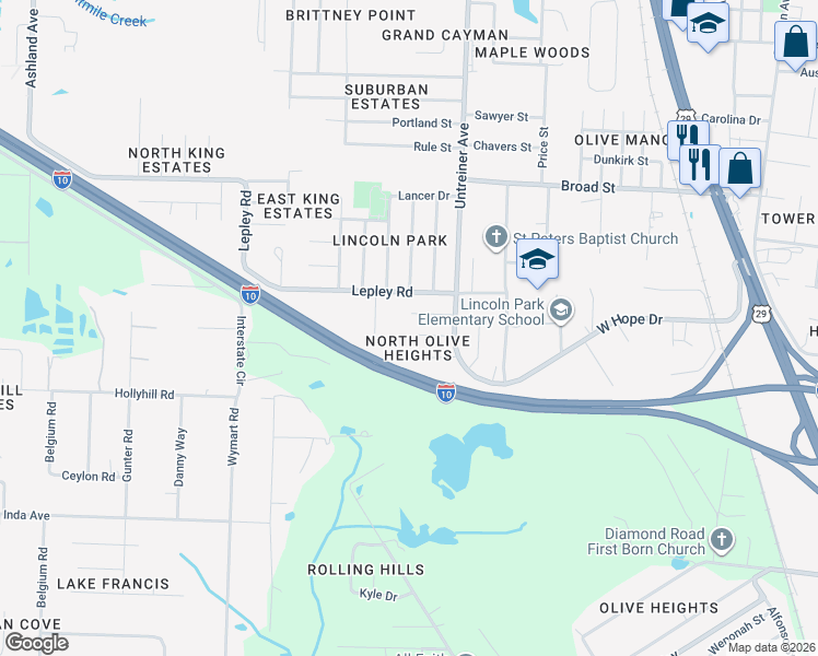 map of restaurants, bars, coffee shops, grocery stores, and more near 1322 Kramer Street in Pensacola