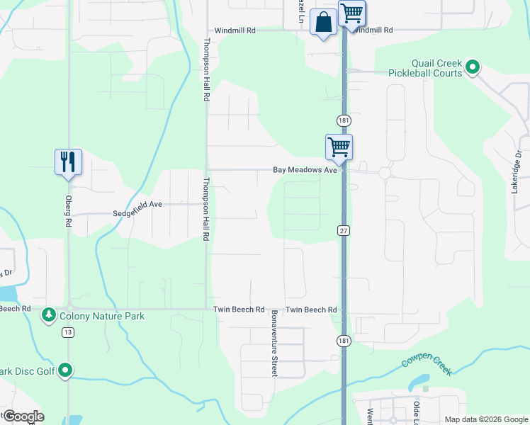 map of restaurants, bars, coffee shops, grocery stores, and more near 9727 Derby Lane in Fairhope