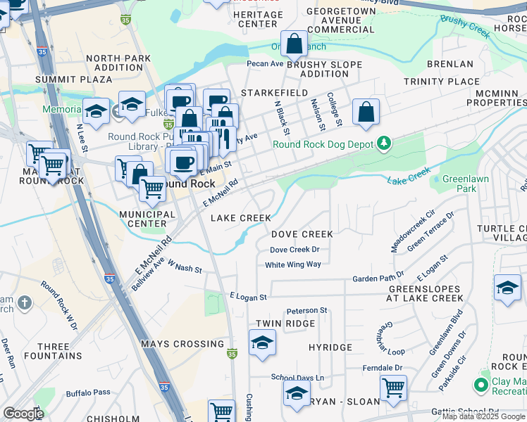 map of restaurants, bars, coffee shops, grocery stores, and more near 401 Lake Creek Circle in Round Rock