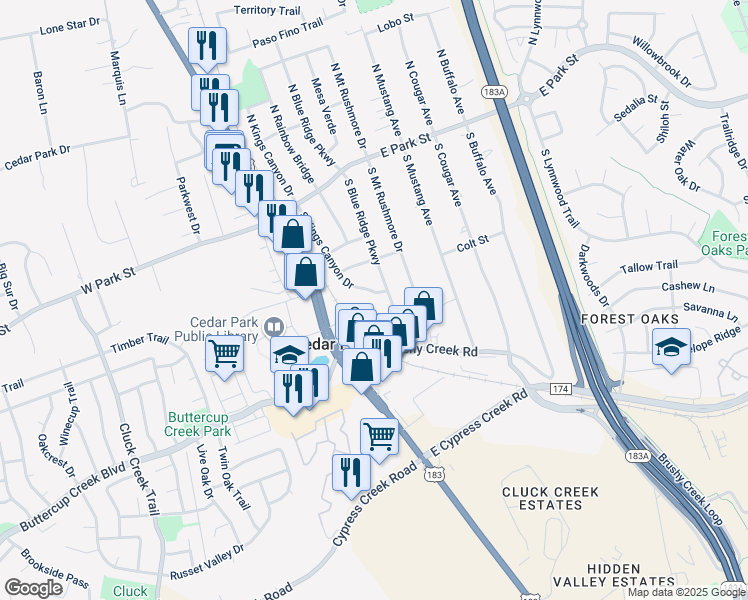 map of restaurants, bars, coffee shops, grocery stores, and more near 401 South Blue Ridge Parkway in Cedar Park