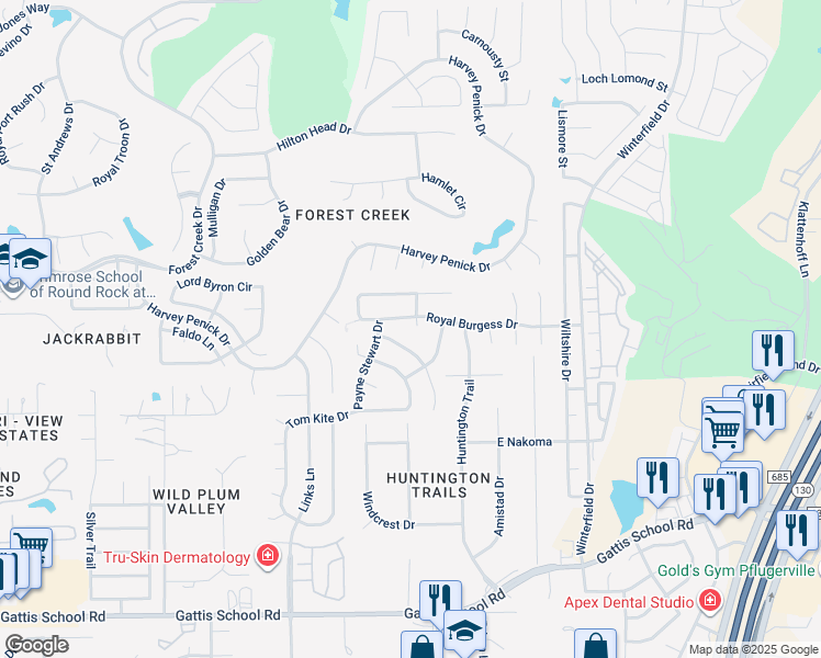map of restaurants, bars, coffee shops, grocery stores, and more near 102 Hale Irwin Cove in Round Rock