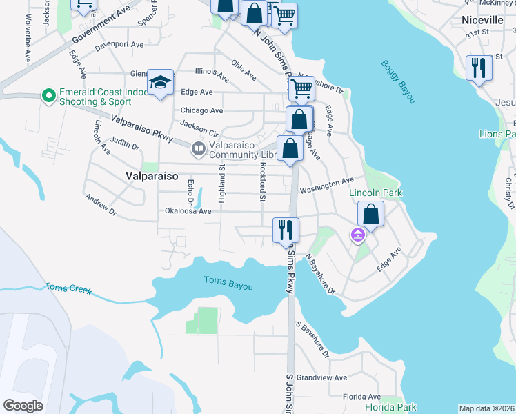 map of restaurants, bars, coffee shops, grocery stores, and more near 318 Okaloosa Avenue in Valparaiso
