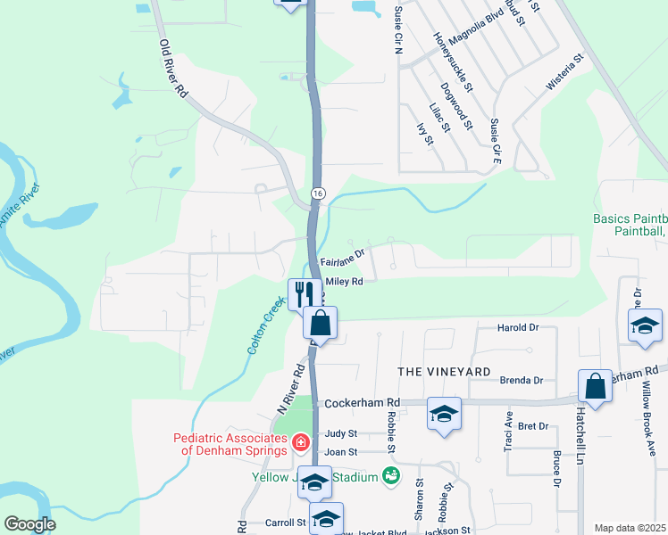 map of restaurants, bars, coffee shops, grocery stores, and more near 7944 Fairlane Drive in Denham Springs