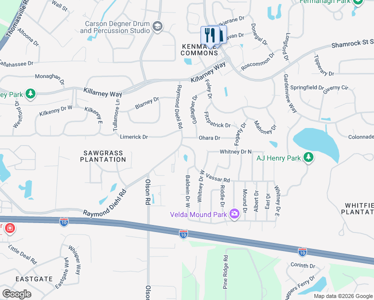map of restaurants, bars, coffee shops, grocery stores, and more near 2605 Vassar Road in Tallahassee