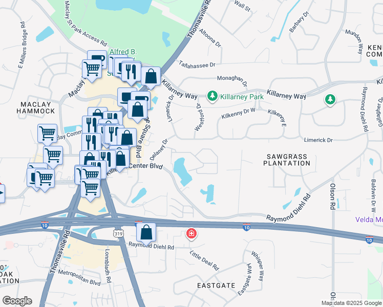 map of restaurants, bars, coffee shops, grocery stores, and more near 1555 Delaney Drive in Tallahassee
