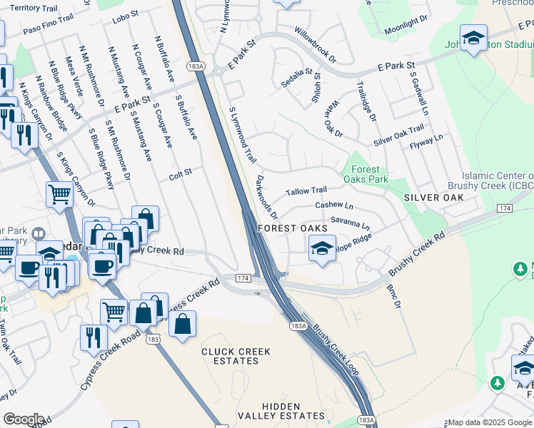 map of restaurants, bars, coffee shops, grocery stores, and more near 802 Tallow Trail in Cedar Park