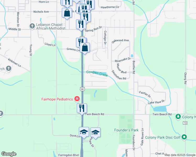 map of restaurants, bars, coffee shops, grocery stores, and more near 220 Spring Lake Drive in Fairhope