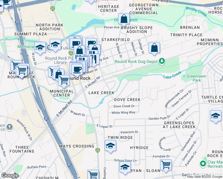 map of restaurants, bars, coffee shops, grocery stores, and more near 403 Lake Creek Circle in Round Rock