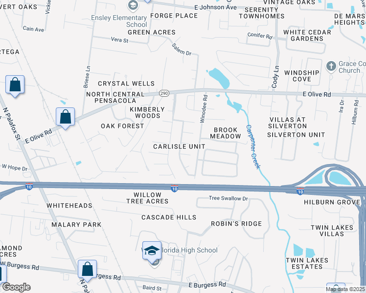 map of restaurants, bars, coffee shops, grocery stores, and more near 7804 Dartmoor Drive in Pensacola