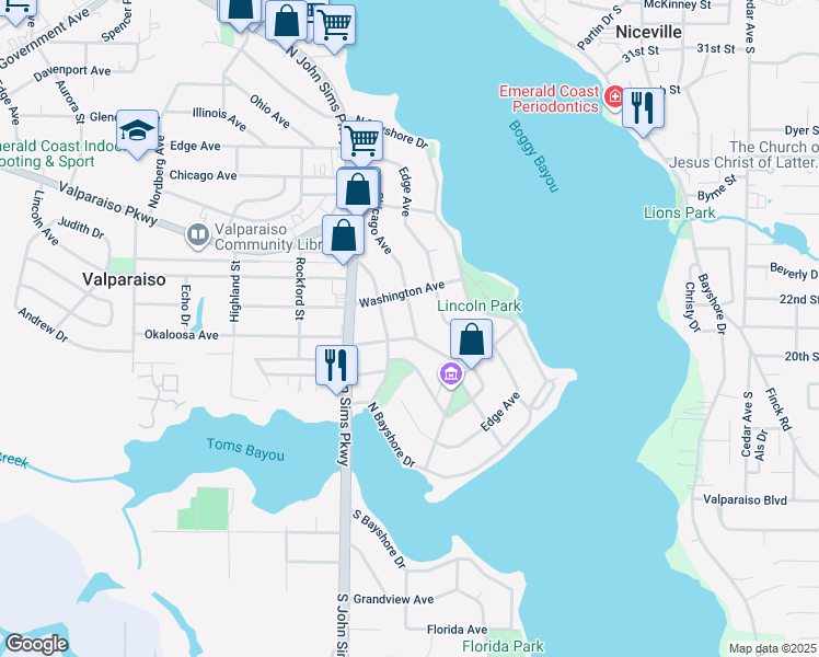 map of restaurants, bars, coffee shops, grocery stores, and more near 272 Okaloosa Avenue in Valparaiso